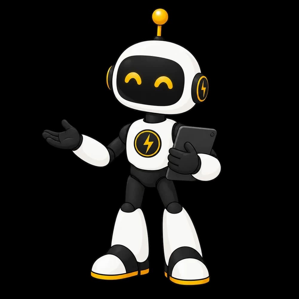 Soku, the friendly AI assistant, holding a tablet and offering a helping hand